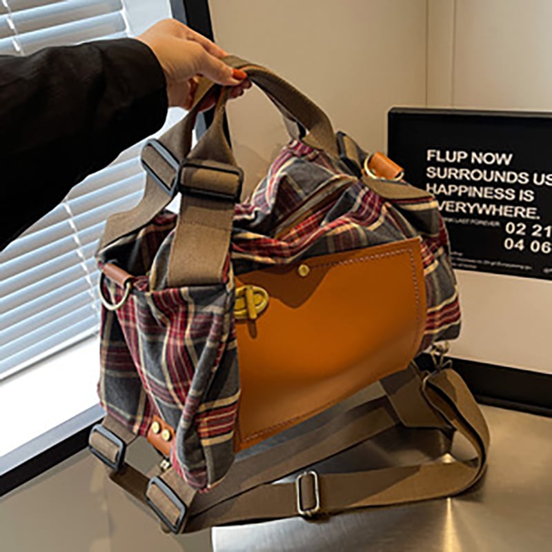 Picture of Cozy Vintage Plaid Leather Convertible Backpack-Shoulder Bag