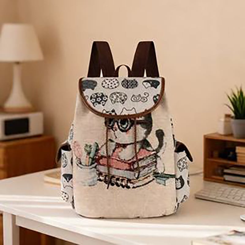Picture of Large Ethnic Style Backpack With Embroidered Cat