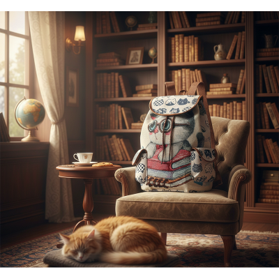 Picture of Large Ethnic Style Backpack With Embroidered Cat