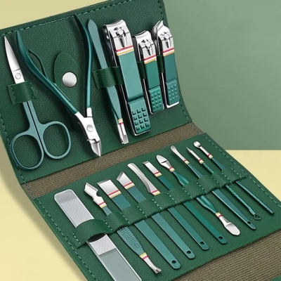 Picture of Nail Clippers Set, 16pcs Manicure & Pedicure Tools, Stainless Steel Nail Cutter Kit for men and women, with Leather Bag, Travel Grooming Kit for Facial, Cuticle and Nail Care
