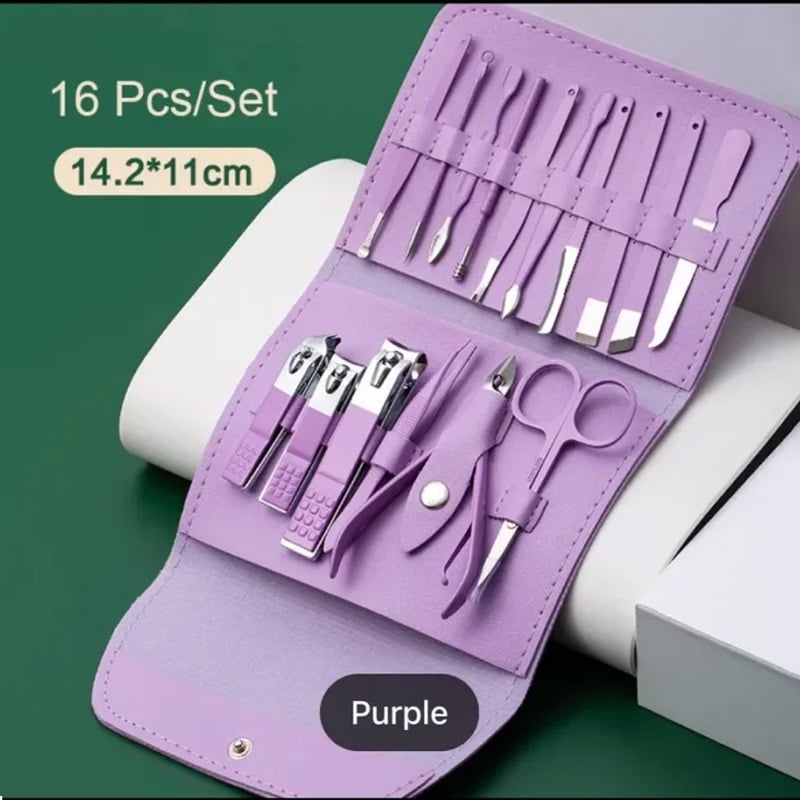 Picture of Nail Clippers Set, 16pcs Manicure & Pedicure Tools, Stainless Steel Nail Cutter Kit for men and women, with Leather Bag, Travel Grooming Kit for Facial, Cuticle and Nail Care