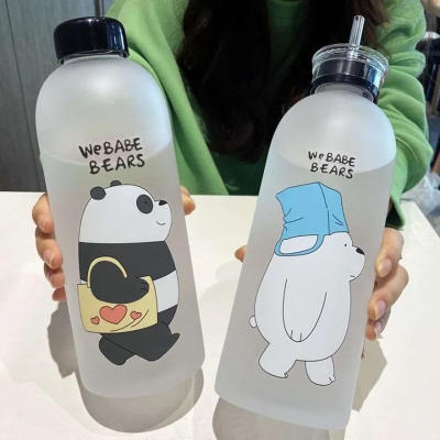 Picture of 1000ml Cute Panda Bear Cup Plastic Transparent Frosted Cartoon Drinkware Waterbottle with Straw Leak-proof Cups