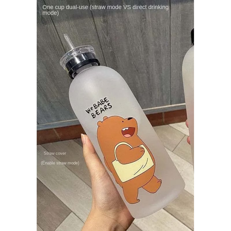 Picture of 1000ml Cute Panda Bear Cup Plastic Transparent Frosted Cartoon Drinkware Waterbottle with Straw Leak-proof Cups