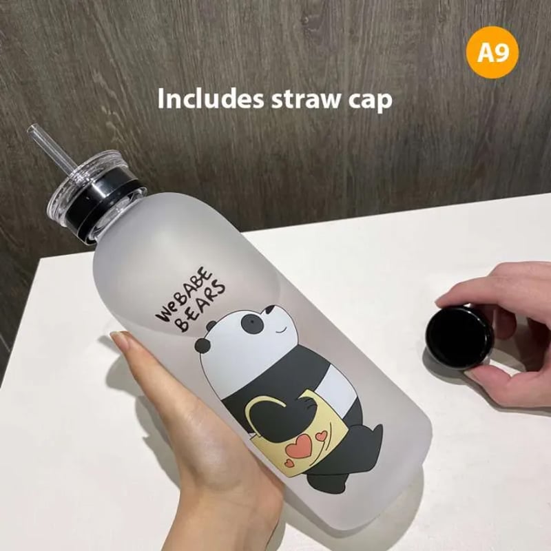 Picture of 1000ml Cute Panda Bear Cup Plastic Transparent Frosted Cartoon Drinkware Waterbottle with Straw Leak-proof Cups