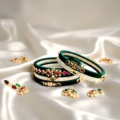 Picture of Kurimukul Handmade Bangles Set - Green X White