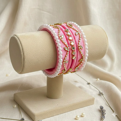 Picture of Kurimukul Handmade Bangles Set - Pink X White