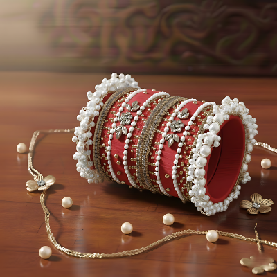 Picture of Handcrafted Pale Carmine Stone & Pearl Bangle Set