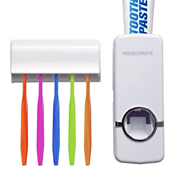 Picture of Automatic Toothpaste Dispenser Wall Mount Storage Rack Dust-proof Holder Wall Toothbrush Storage Box Bathroom Accessories Set