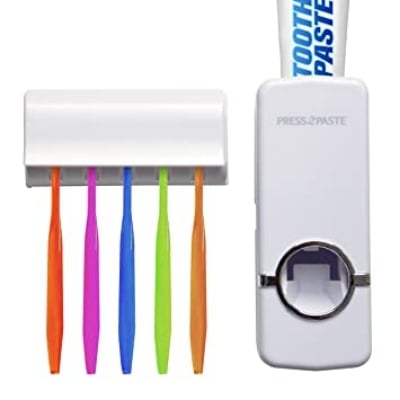 Picture of Automatic Toothpaste Dispenser Wall Mount Storage Rack Dust-proof Holder Wall Toothbrush Storage Box Bathroom Accessories Set
