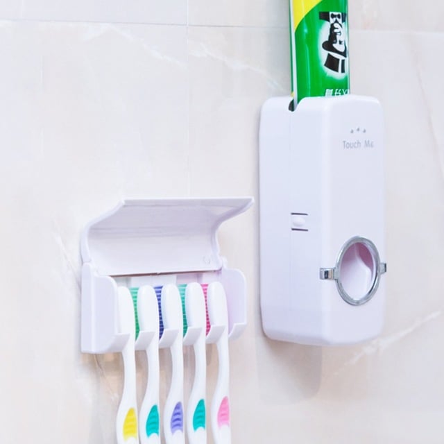 Picture of Automatic Toothpaste Dispenser Wall Mount Storage Rack Dust-proof Holder Wall Toothbrush Storage Box Bathroom Accessories Set