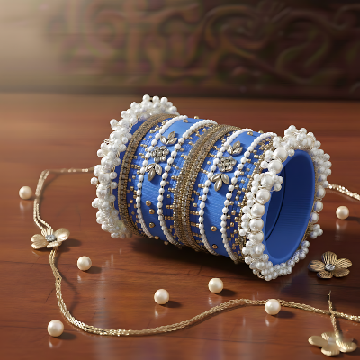 Picture of Handcrafted Sky Blue Stone & Pearl Bangle Set