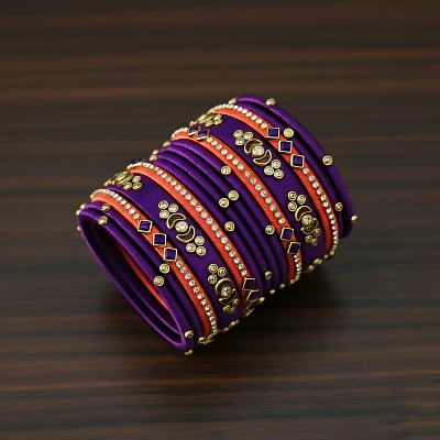 Picture of Purple X Flame Pea Handcrafted Kundan Stone Bangle Set