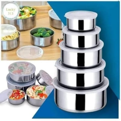Picture of Stainless Steel 5 Pc Food Box With Food Grade Plastic Cover - Tiffin Box For Office