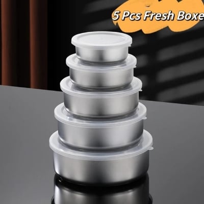 Picture of Stainless Steel 5 Pc Food Box With Food Grade Plastic Cover - Tiffin Box For Office