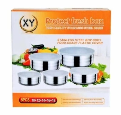 Picture of Stainless Steel 5 Pc Food Box With Food Grade Plastic Cover - Tiffin Box For Office