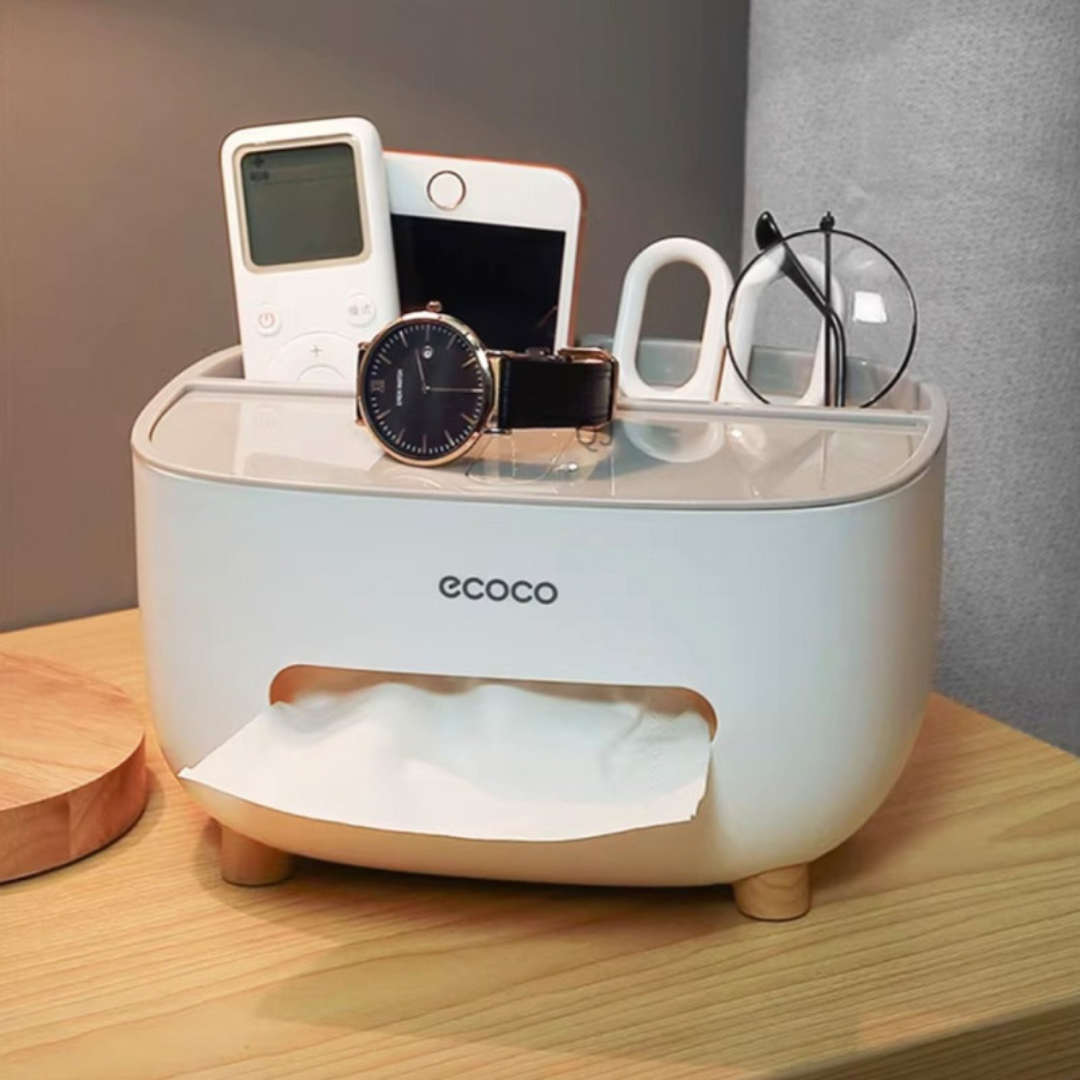 Picture of Tissue Box Cover Holder with Storage, Napkin Tissue Box, Multi-Function Tissue Box ABS Material Storage Organizer