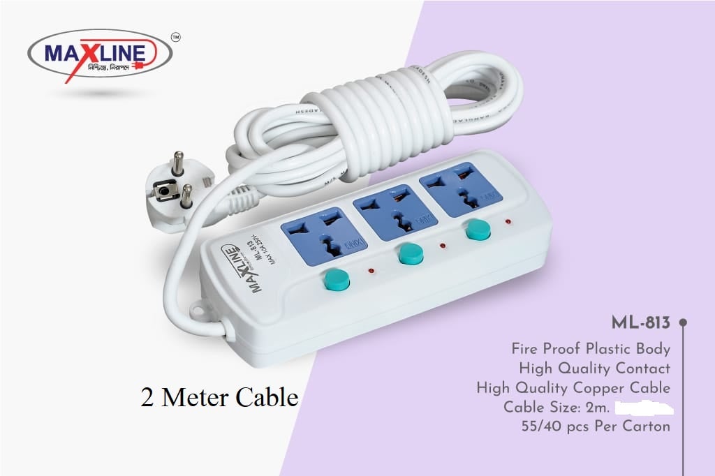 Picture of Maxline ML-813 Multiplug 3 Port Extention Socket 2 Meters Cable  Multi Plug