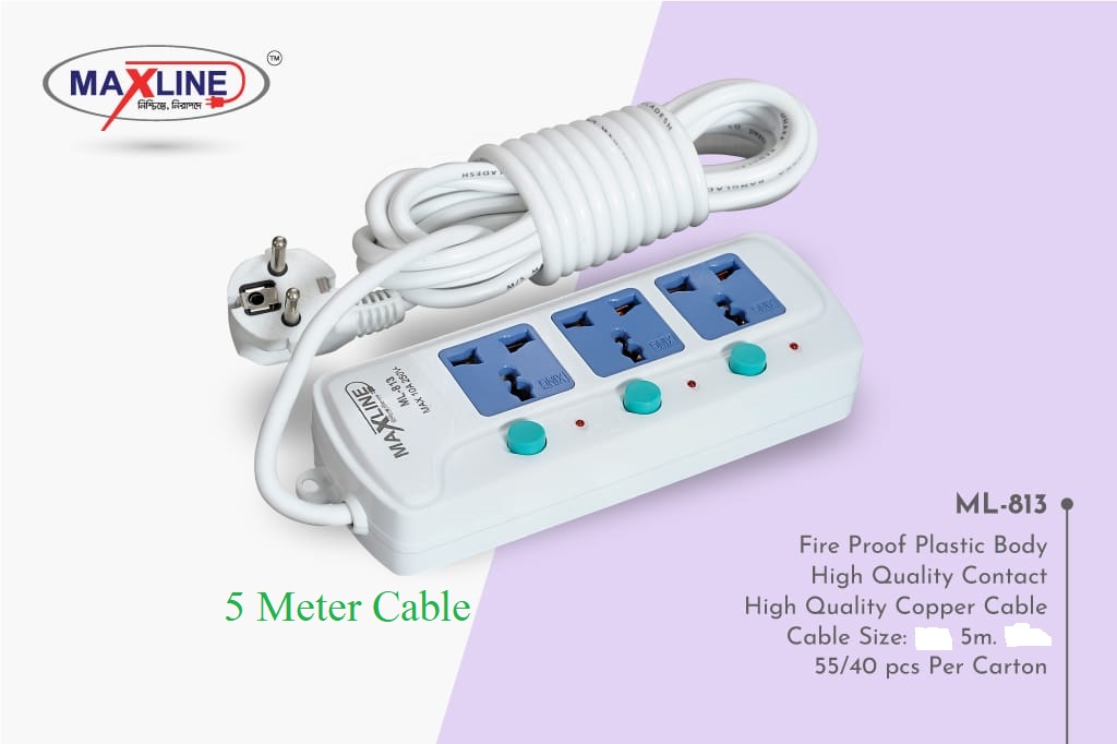 Picture of Maxline ML-813 Multiplug 3 Port Extention Socket 5 Meters Cable