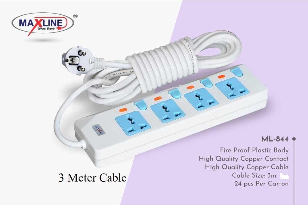 Picture of Maxline ML-844 Multiplug 4 Port Extention Socket 2 Pin Plug 3 Meters Cable