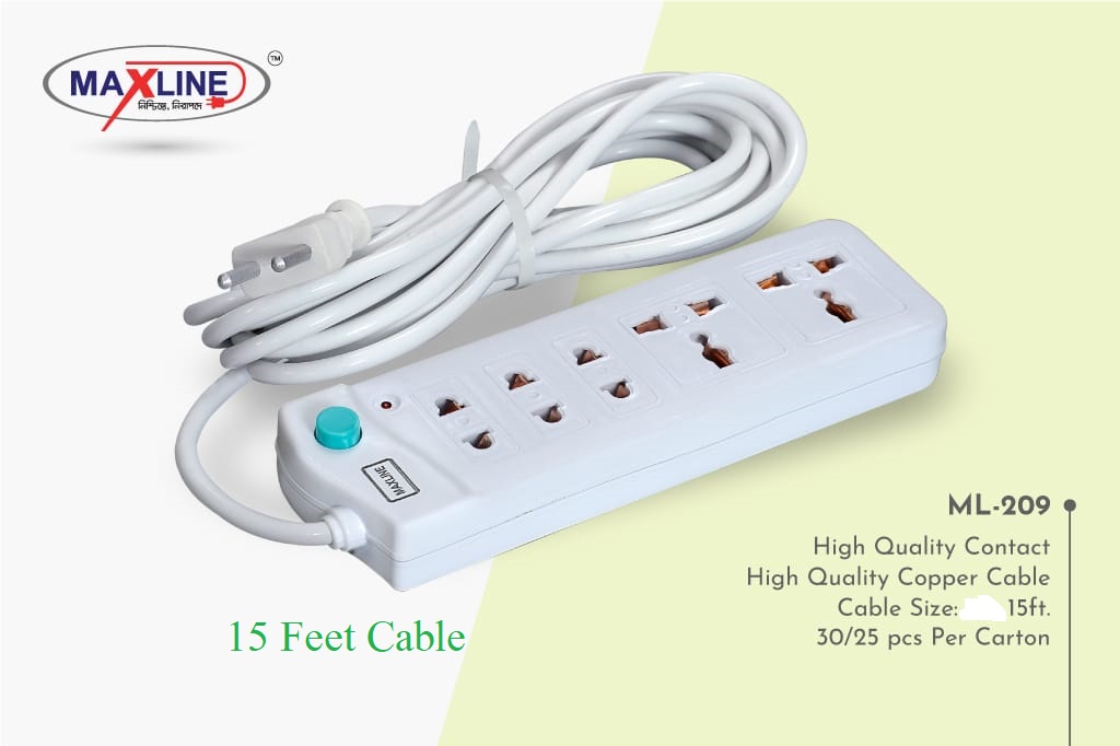 Picture of Multi Plug Maxline ML-209 Multiplug 5 Port Extention Socket 15 Feet Cable