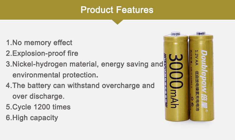 Picture of 2 Pcs Doublepow AA Ni-Mh Rechargeable 1.2V 3000mAh batteries Multicolor