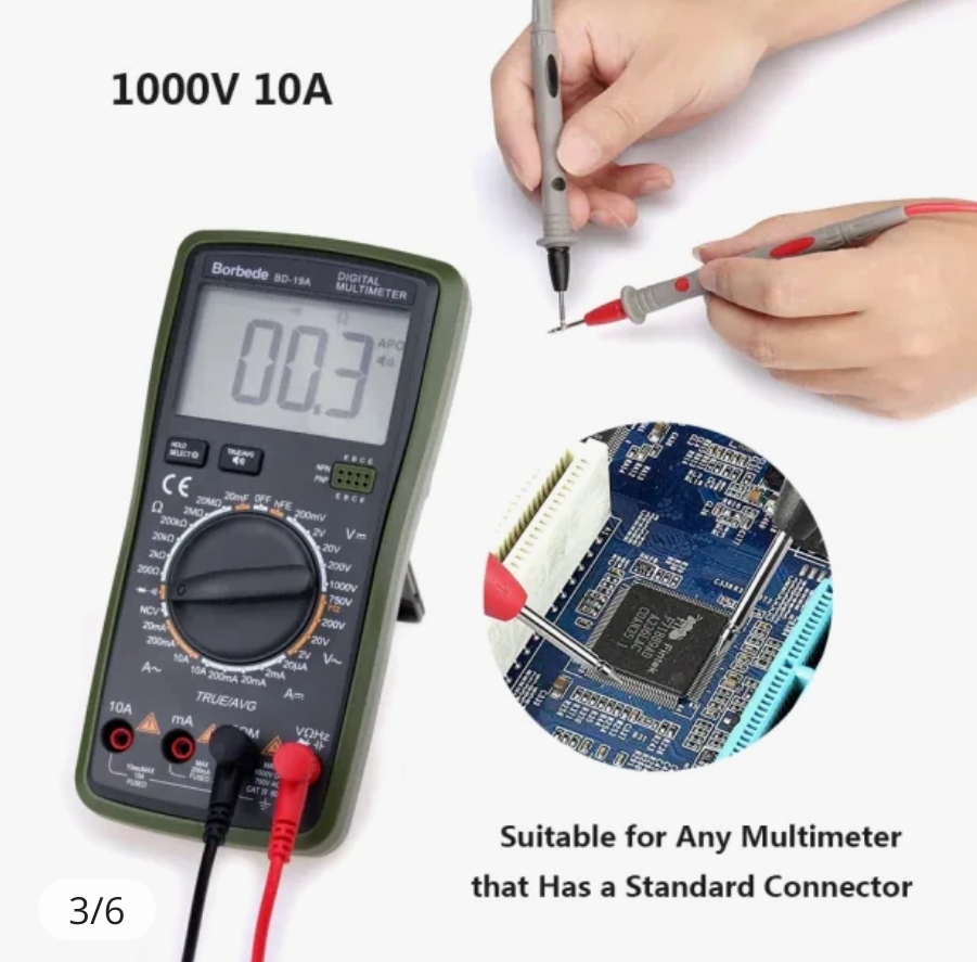 Picture of Digital Multimeter Test Leads Measuring Probes Pen Kit Universal Cable AC DC 1000V 20A 10A CAT for Multi-Meter Tester Wire Tip Multicolor
