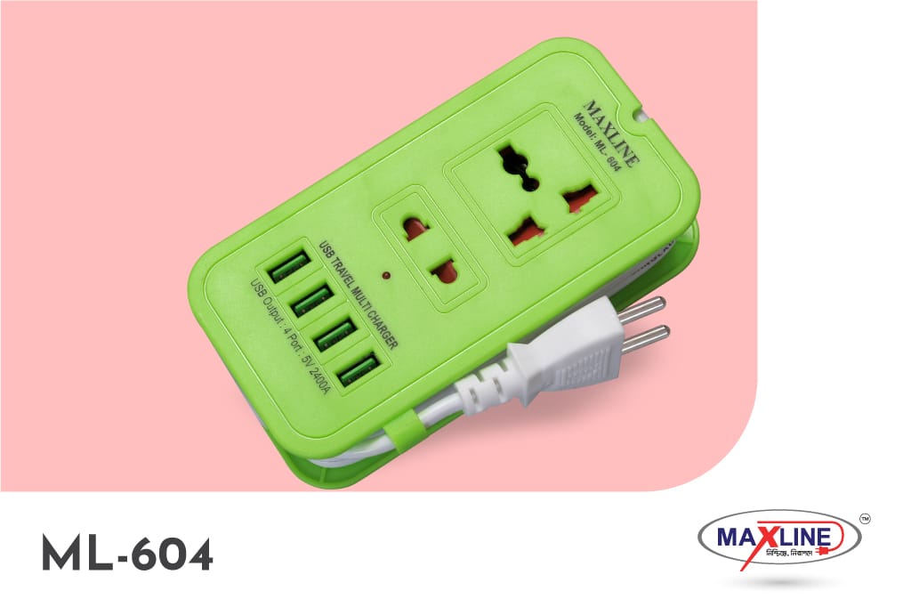 Picture of 4USB Multi Plug Maxline ML-604 Multiplug 2 Port Extention Socket 6 Feet Cable 