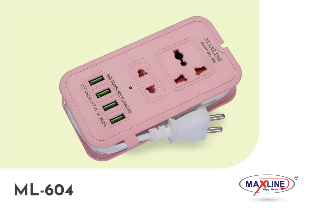 Picture of 4USB Multi Plug Maxline ML-604 Multiplug 2 Port Extention Socket 6 Feet Cable 