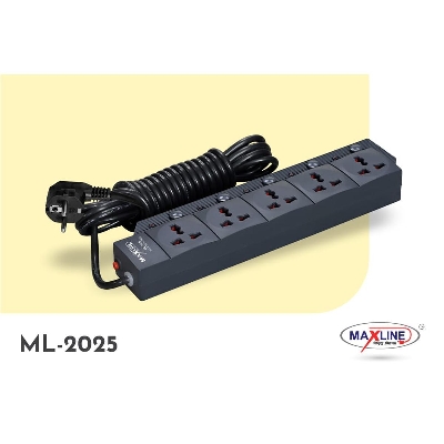 Picture of Maxline ML-2025 Multiplug 5 Port Fire Proof Plastic Body Extention Socket Black Colour 5 Meter Cable