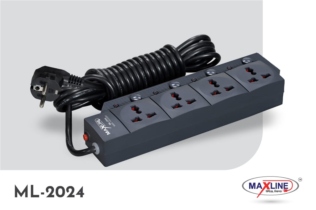 Picture of Maxline ML-2024 Multiplug 4 Port Fire Proof Plastic Body Extention Socket Black Colour 5 Meter Cable