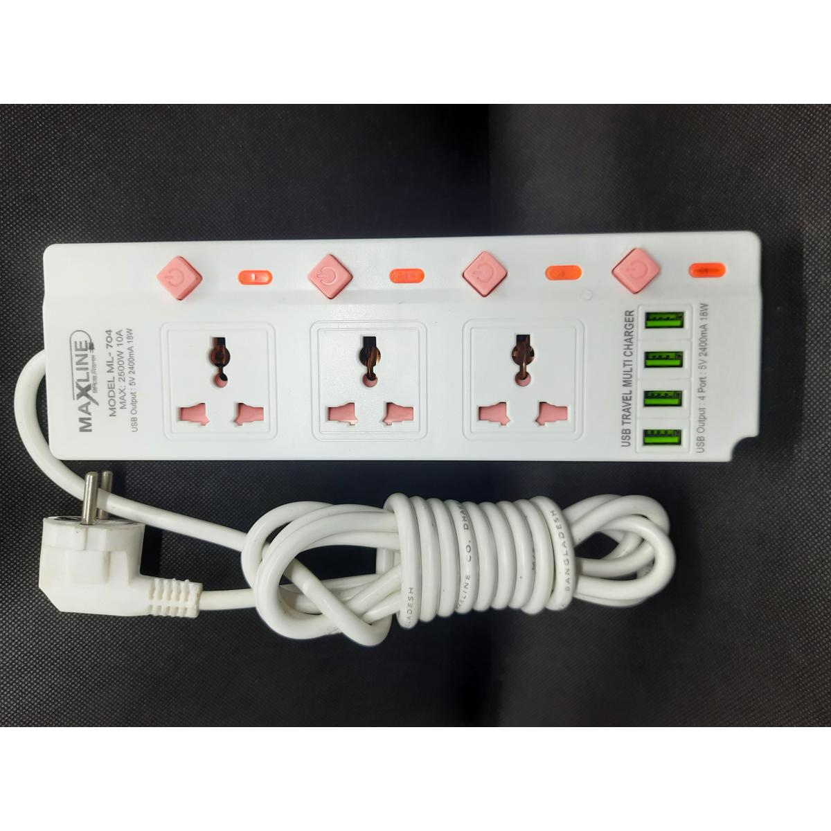 Picture of 4USB Multi Plug Maxline ML-704 Multiplug 3 Port Extention Socket 3 Meter Cable