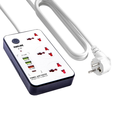 Picture of Maxline ML-804  Power Socket  3 Ways Multiplug  And 4USB Port ( PD + QC 3.0 Fast Charging ) With Adjust 2 Mobile Stand 2 Yard/ 6 Feet Cable 