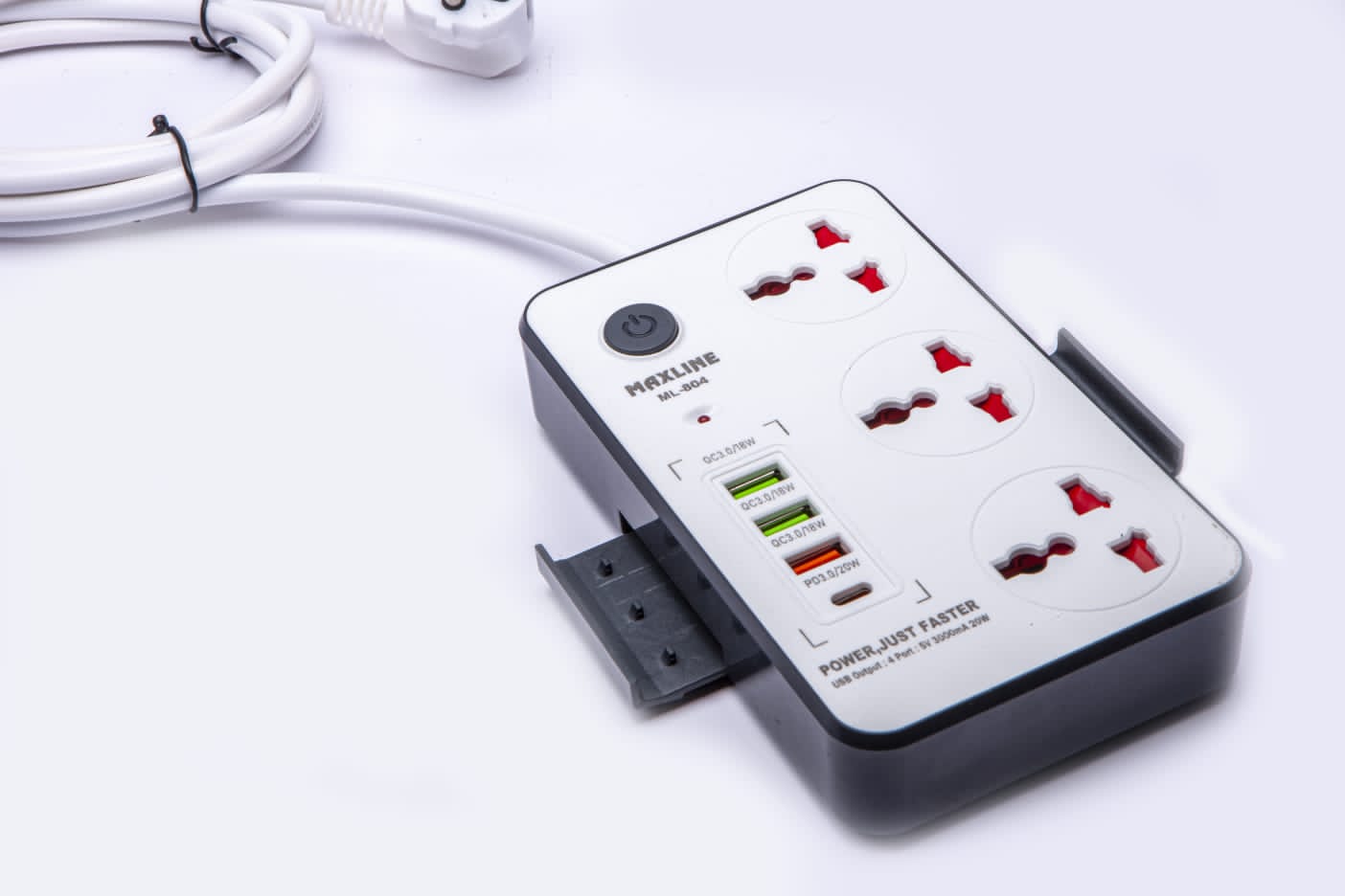 Picture of Maxline ML-804  Power Socket  3 Ways Multiplug  And 4USB Port ( PD + QC 3.0 Fast Charging ) With Adjust 2 Mobile Stand 2 Yard/ 6 Feet Cable 