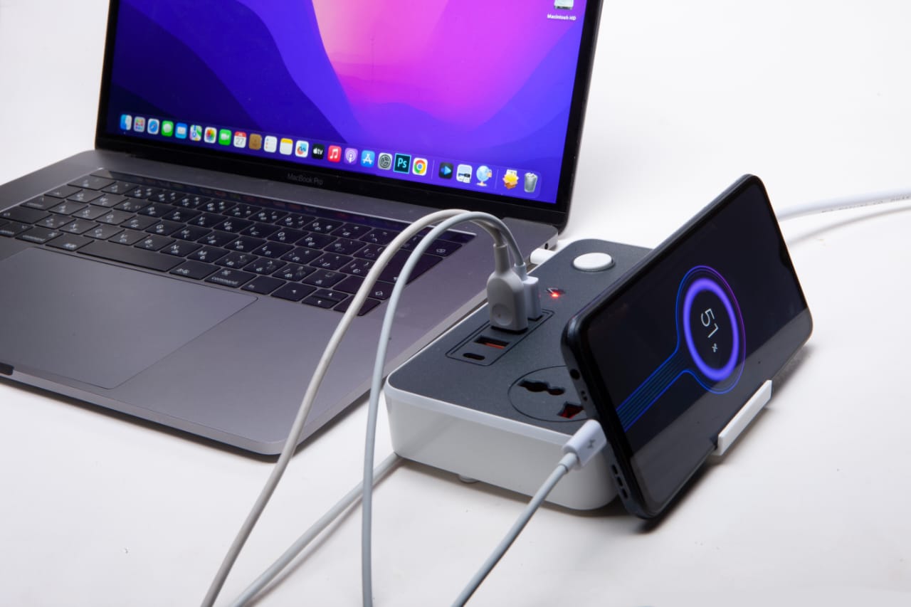 Picture of Maxline ML-804  Power Socket  3 Ways Multiplug  And 4USB Port ( PD + QC 3.0 Fast Charging ) With Adjust 2 Mobile Stand 2 Yard/ 6 Feet Cable 