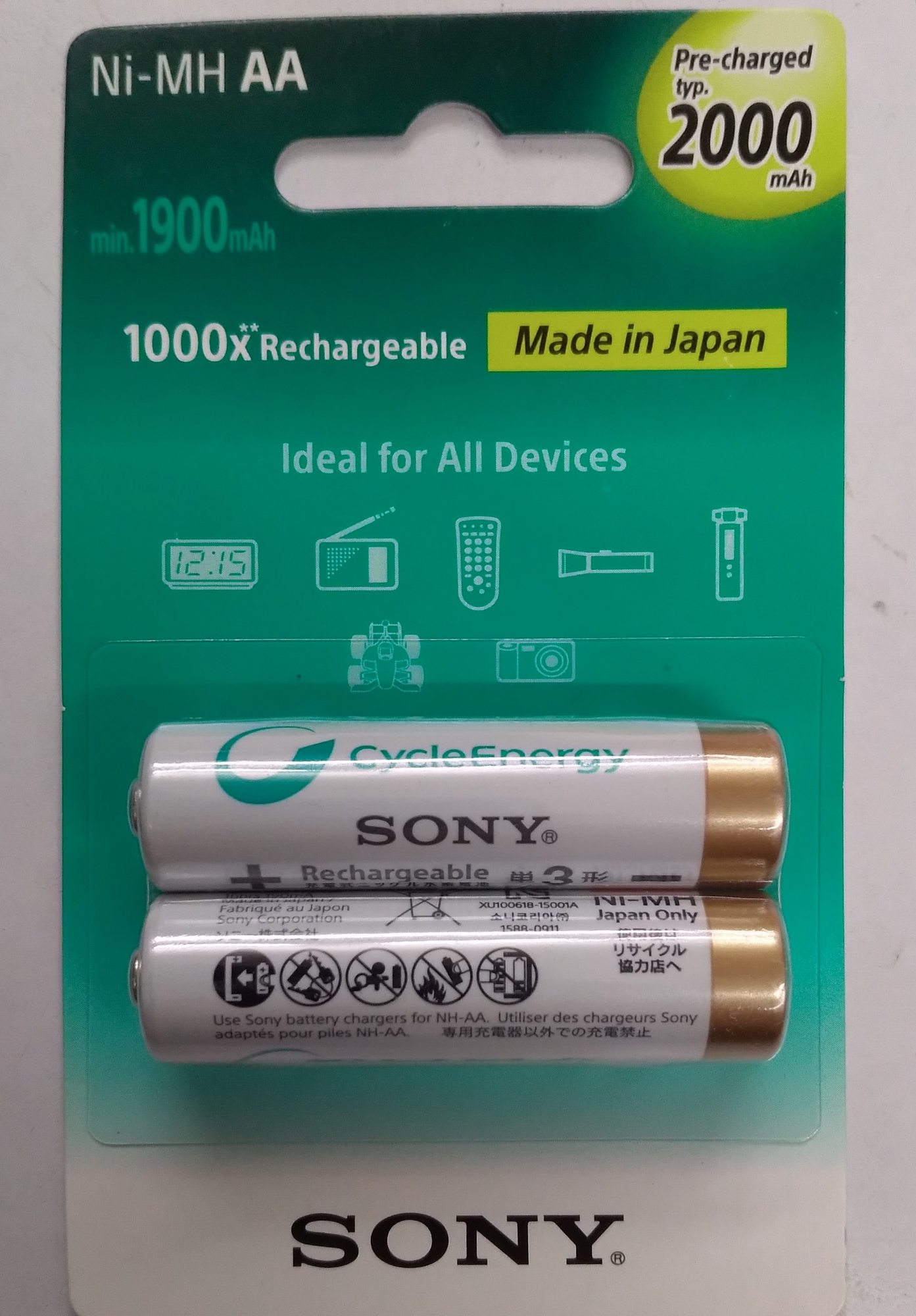 Picture of AA Battery, Sony Batteries Cycle Energy 2000 mAh Pre-Charged AA Rechargeable Battery- 2pcs Multicolor