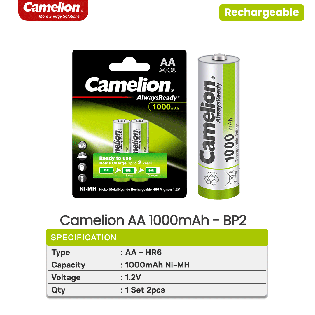 Picture of Camelion HR6 1.2 V 1000 mAh AA Mignon Nickel Metal Hydride Rechargeable Battery 2Pcs Multicolor