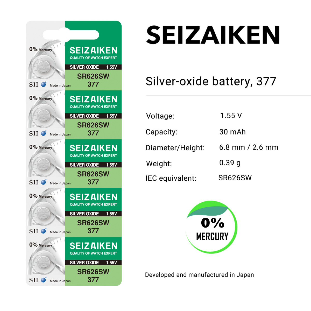 Picture of SEIZAIKEN SR626SW / 377 1.55V High Quality Silver Oxide Button Cell Watch Battery 5Pcs Silver
