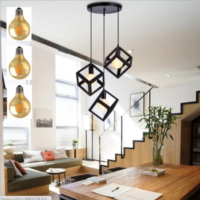 Picture of 3 Modern Iron Ceiling Pendant Lamp Shade Set Black Square Shape With 3 Filament Bulb G80- 4 Watt Black