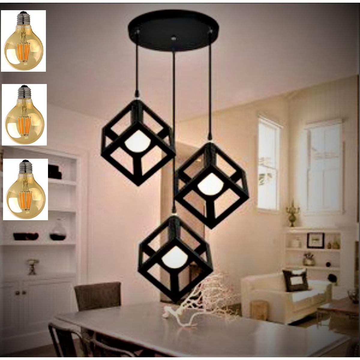 Picture of 3 Modern Iron Ceiling Pendant Lamp Shade Set Black Square Shape With 3 Filament Bulb G80- 4 Watt Black