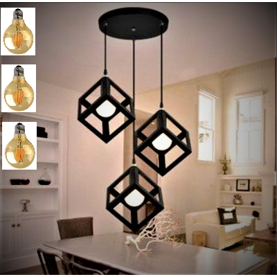 Picture of 3 Modern Iron Ceiling Pendant Lamp Shade Set Black Square Shape With 3 Filament Bulb G80- 4 Watt Black