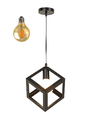Picture of Modern Iron Ceiling Pendant Lamp Shade Black Square Shape With Filament Bulb G80 - 4 Watt 1Pcs Black