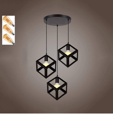 Picture of 3 Modern Iron Ceiling Pendant Lamp Shade Set Black Square Shape With 3 Filament Bulb ST64- 4 Watt Black