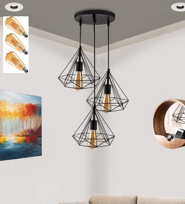 Picture of Modern Homesake 3 Diamond Cluster shape Hanging Light Pendant With 3 Filament Bulb ST64- 4 Watt for Home Decoration Black