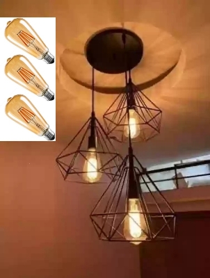 Picture of Modern Homesake 3 Diamond Cluster shape Hanging Light Pendant With 3 Filament Bulb ST64- 4 Watt for Home Decoration Black