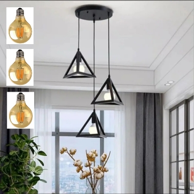 Picture of 3 Modern Iron Ceiling Pendant Lamp Shade Set Black Traingel Shape With 3 Filament Bulb G80- 4 Watt Black