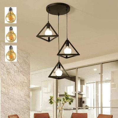 Picture of 3 Modern Iron Ceiling Pendant Lamp Shade Set Black Traingel Shape With 3 Filament Bulb G80- 4 Watt Black