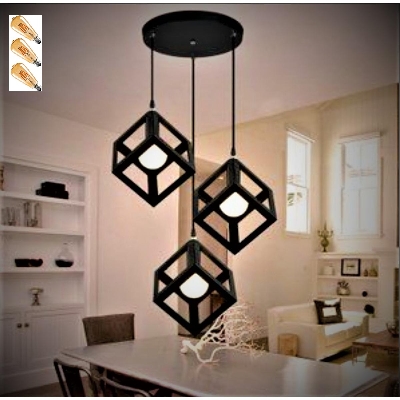 Picture of 3 Modern Iron Ceiling Pendant Lamp Shade Set Black Square Shape With 3 Filament Bulb ST64- 4 Watt Black