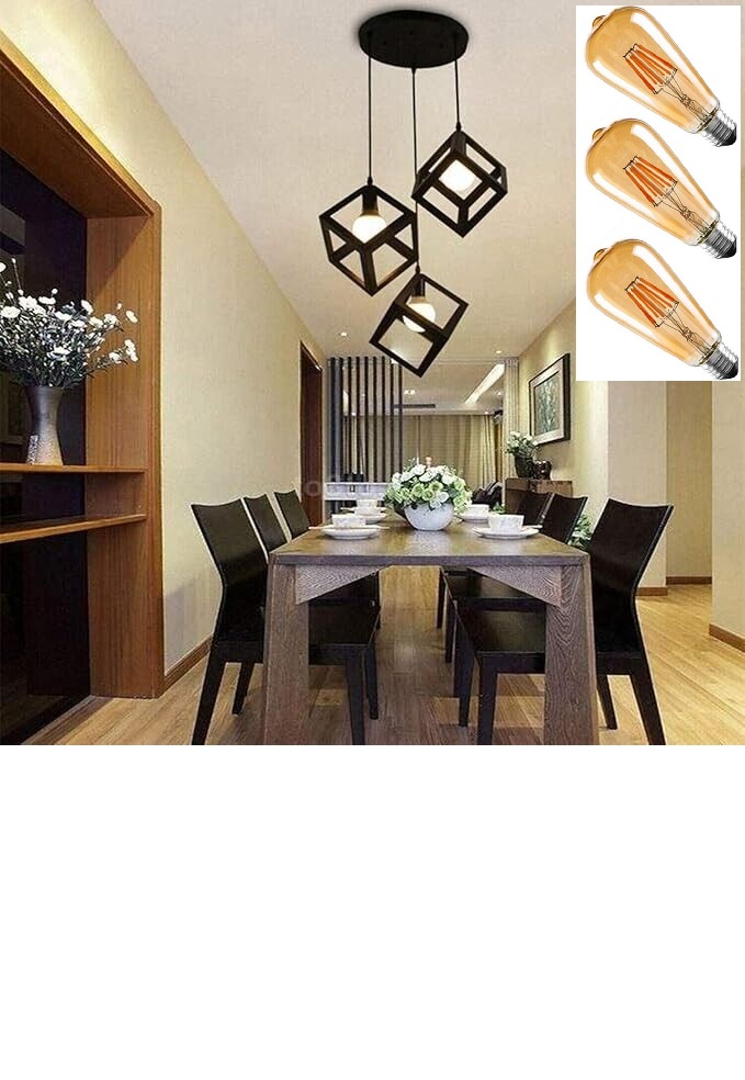 Picture of 3 Modern Iron Ceiling Pendant Lamp Shade Set Black Square Shape With 3 Filament Bulb ST64- 4 Watt Black