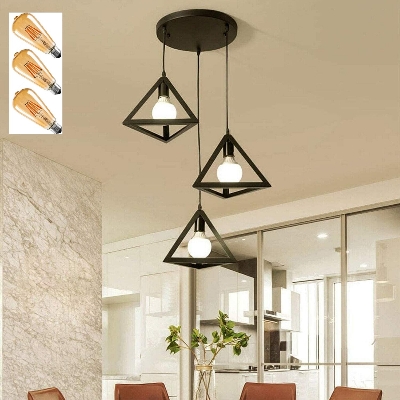 Picture of 3 Modern Iron Ceiling Pendant Lamp Shade Set Black Traingel Shape With 3 Filament Bulb ST64- 4 Watt Black