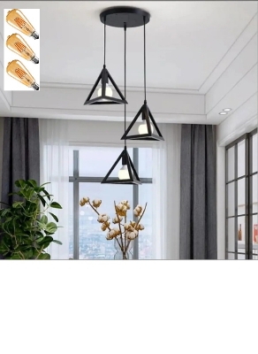 Picture of 3 Modern Iron Ceiling Pendant Lamp Shade Set Black Traingel Shape With 3 Filament Bulb ST64- 4 Watt Black